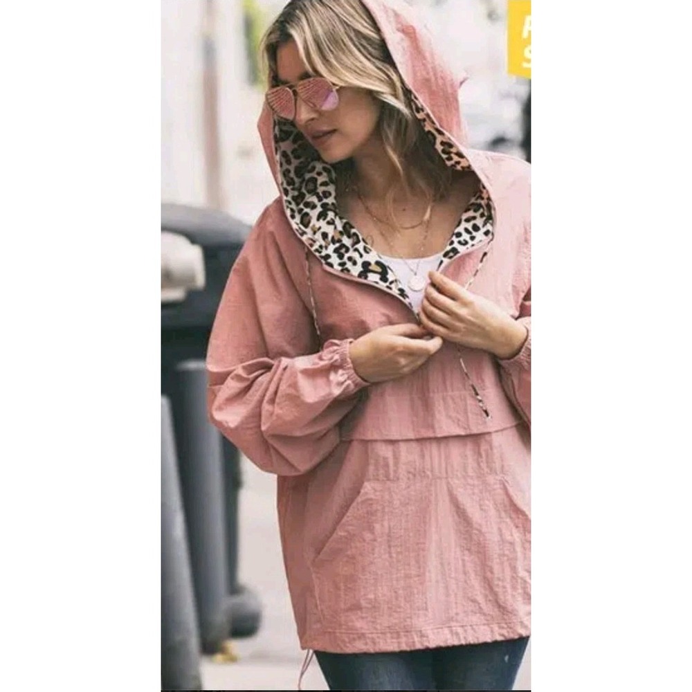 And The Why Windbreaker Jacket Pullover Pink Leopard Size S Oversized Hoodie